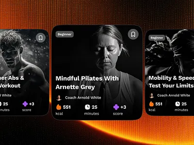sandow v3: AI Fitness & Nutrition App - Workout/Exercise Card UI clean dark mode exercise card fitness card fitness card component fitness card ui gradient minimal orange sandow ui kit smart fitness smart workout strangehelix workout card workout card ui workout details workout details card