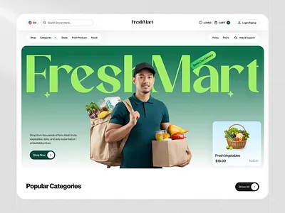 FreshMart Grocery & Fresh Delivery Website Design animation clean ui design ecommerce ecommerce website food delivery ui fresh food app grocery app design grocery app ui grocery delivery service grocery website design landing page design modern web design online shopping ui product grid ui product page design shopping experience ui ux design user interface design web app design