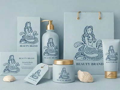 Blue Mermaid Brand Design beauty blue brand brand design branding branding design brandlogo cosmetics graphic design hand drawn illustration logo logodesign logoground luxurious mermaid scalebranding spa vector women