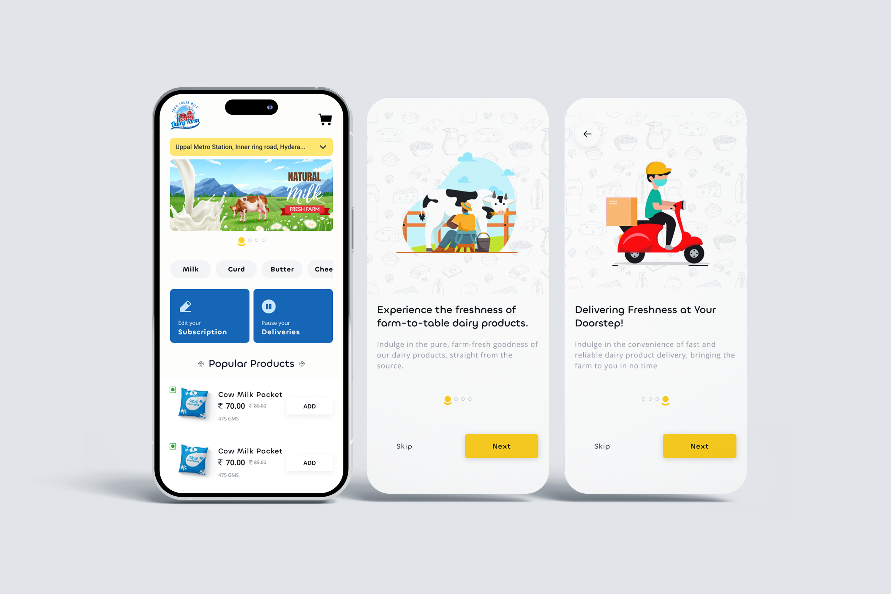 Dairy Trends — Daily Dairy Subscription App app design food app mobile mobile ui onboarding product design subscription ui design ux