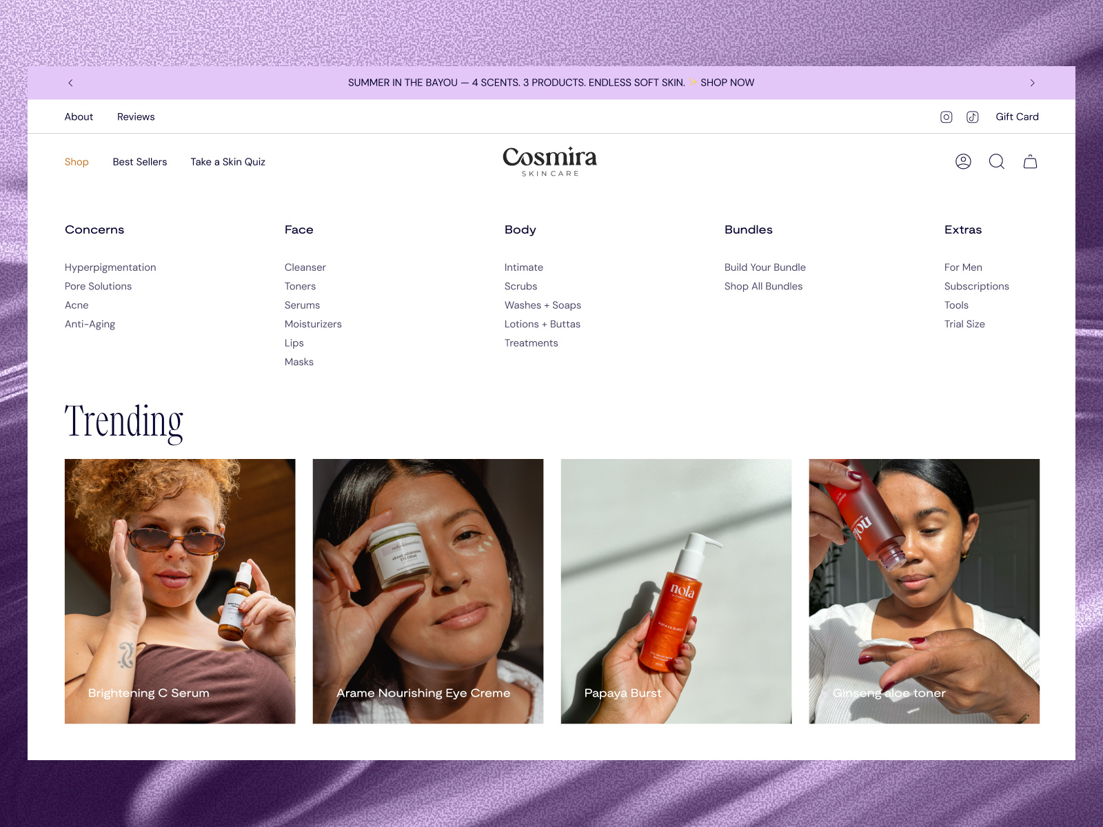 Skincare E-commerce Website - Navbar UI/UX Design cosmetics website ecommerce website landing page modern navbar navbar navbar design navigation bar navigation menu online shop online store shopify shopify website skincare ecommerce skincare shop skincare website ui design uiux ux design web design website design