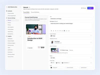 AI Edtech Course Management Dashboard ai edtech b2b clean ui content settings course creation course design course management course ui edtech education platform feature flow founder growth lms productdesign saas saas design agency startup