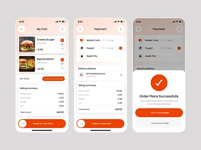 Food Delivery App UI – Cart, Paymeny & Checkout app app design cart creative mobile app delivery app food food delivery food delivery app ui food order app food ordering app ios mobile ui mobile app mobile app design mobile app ui mobile ux payment product design resturant app design