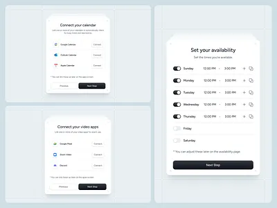 Scheduling Onboarding UI Connect, Sync & Set Availability book my time calendar ui dashboard design dashboard ui onboarding design onboarding flow onboarding ui product design productivity saas saas design scheduling scheduling app startup design tech design ui design ui inspiration user experience ux design webapp design