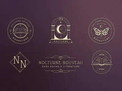 Bookstore logo emblems, monogram and logotype - Nocturne Nouveau art nouveau bookstore branding celestial dark academia design geometric illustration library logo logo mark logo stamps logotype luxurious monogram moon moth open book vector vintage