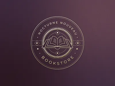Bookstore line art logo badge - Nocturne Nouveau book logo bookstore branding design geometric graphic design illustration library line art logo logo badge logo emblem logo stamp luxurious open book vector vintage