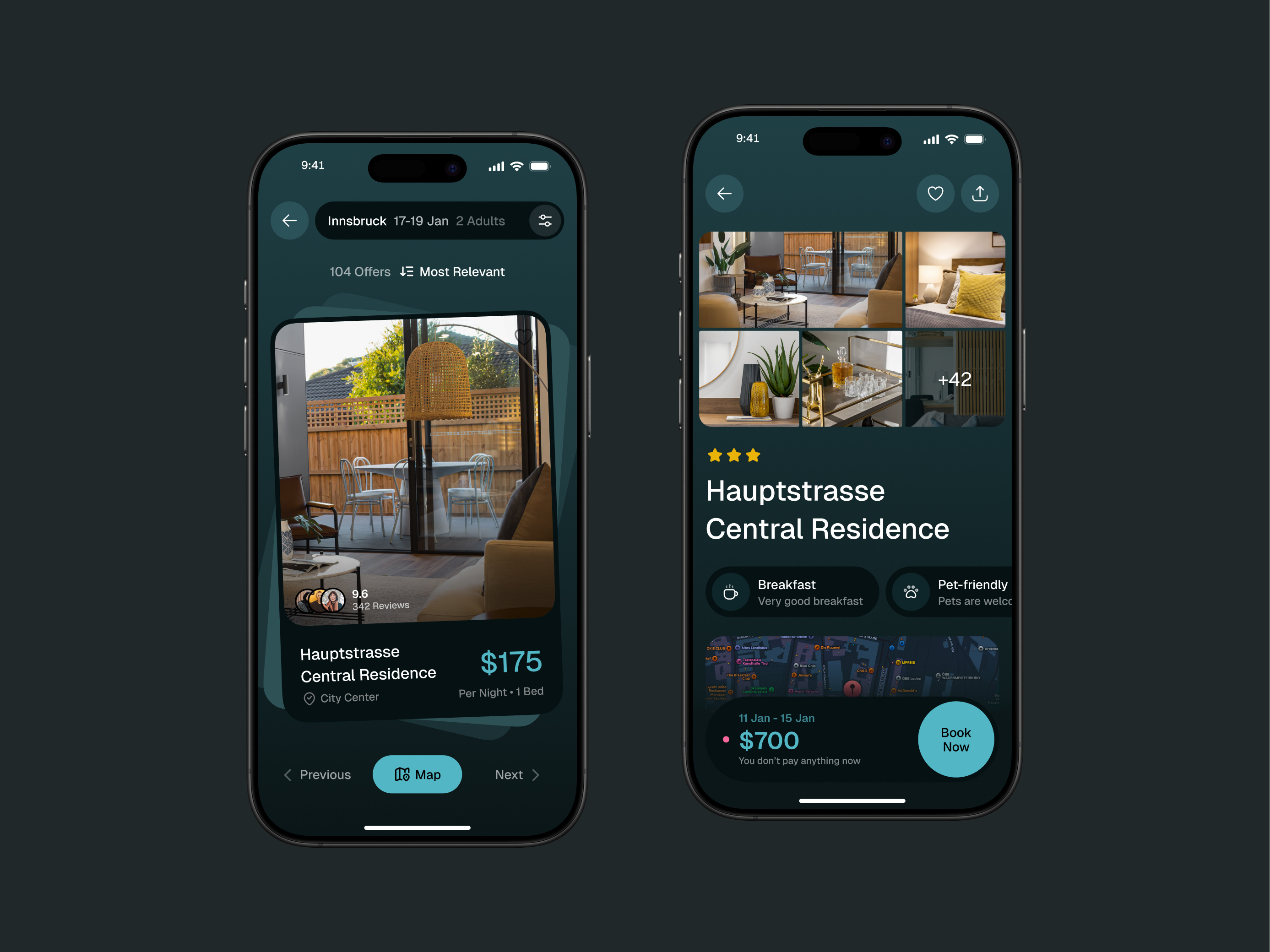 Travel App — Dark Mode Listings