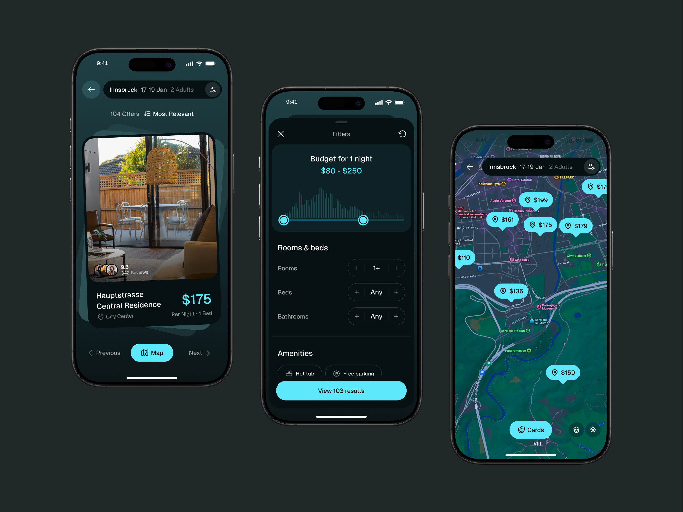 Travel App — Filters & Map (Dark)