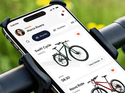 Bike Rental App UI — Micro Mobility Bicycle Sharing Mobile App app bike rental bike sharing design e bike app mobility app rental app scooter app scooter rental smart city startup transport app ui web