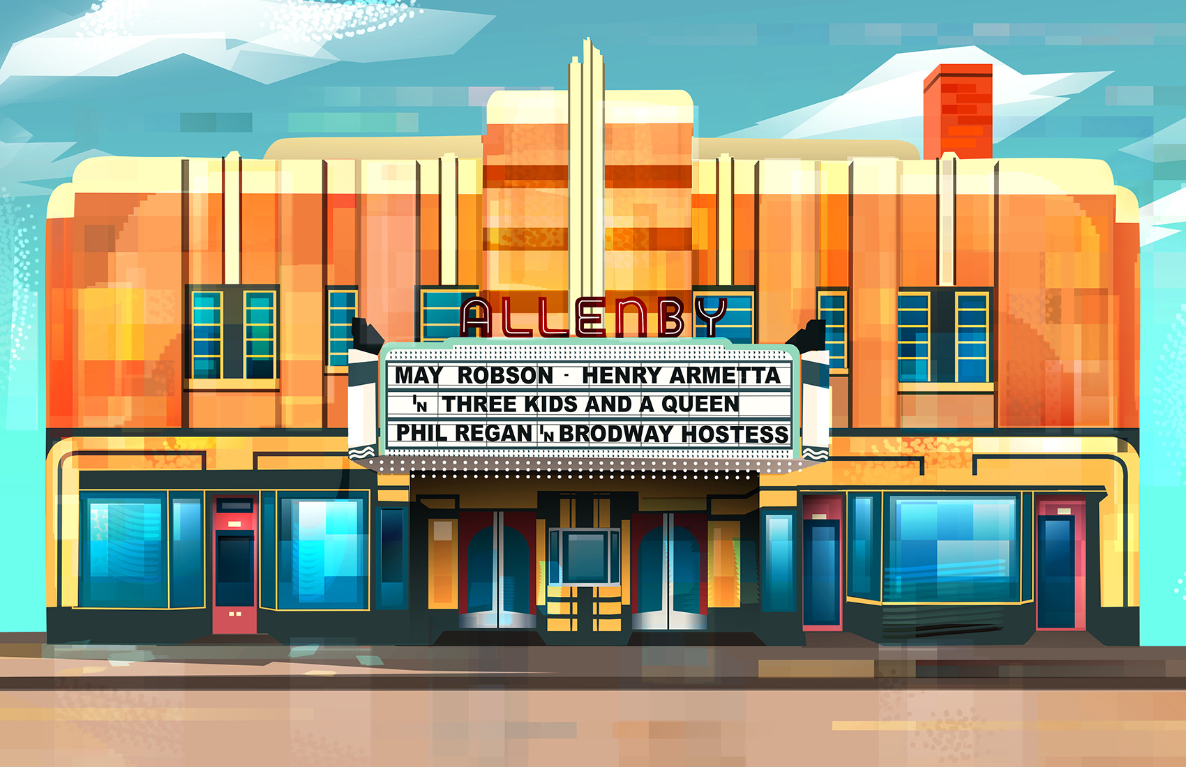 Allenby Theatre - vintage theatres of Toronto series cinema city colourful illustration print retro theatre toronto vector vintage