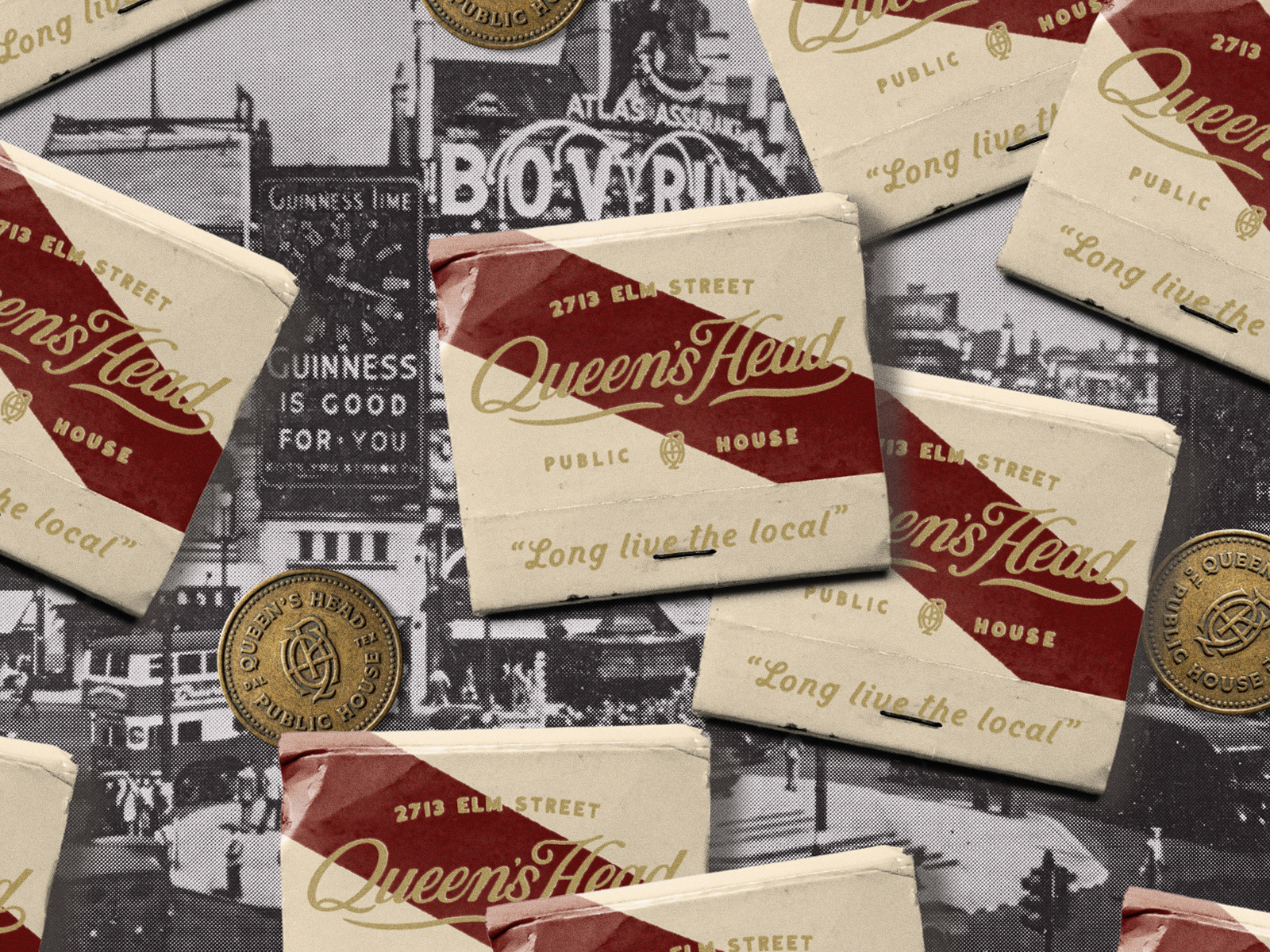 Queen's Head Pub bar branding graphic design heritage hospitality logo matchbook pub script typography vintage