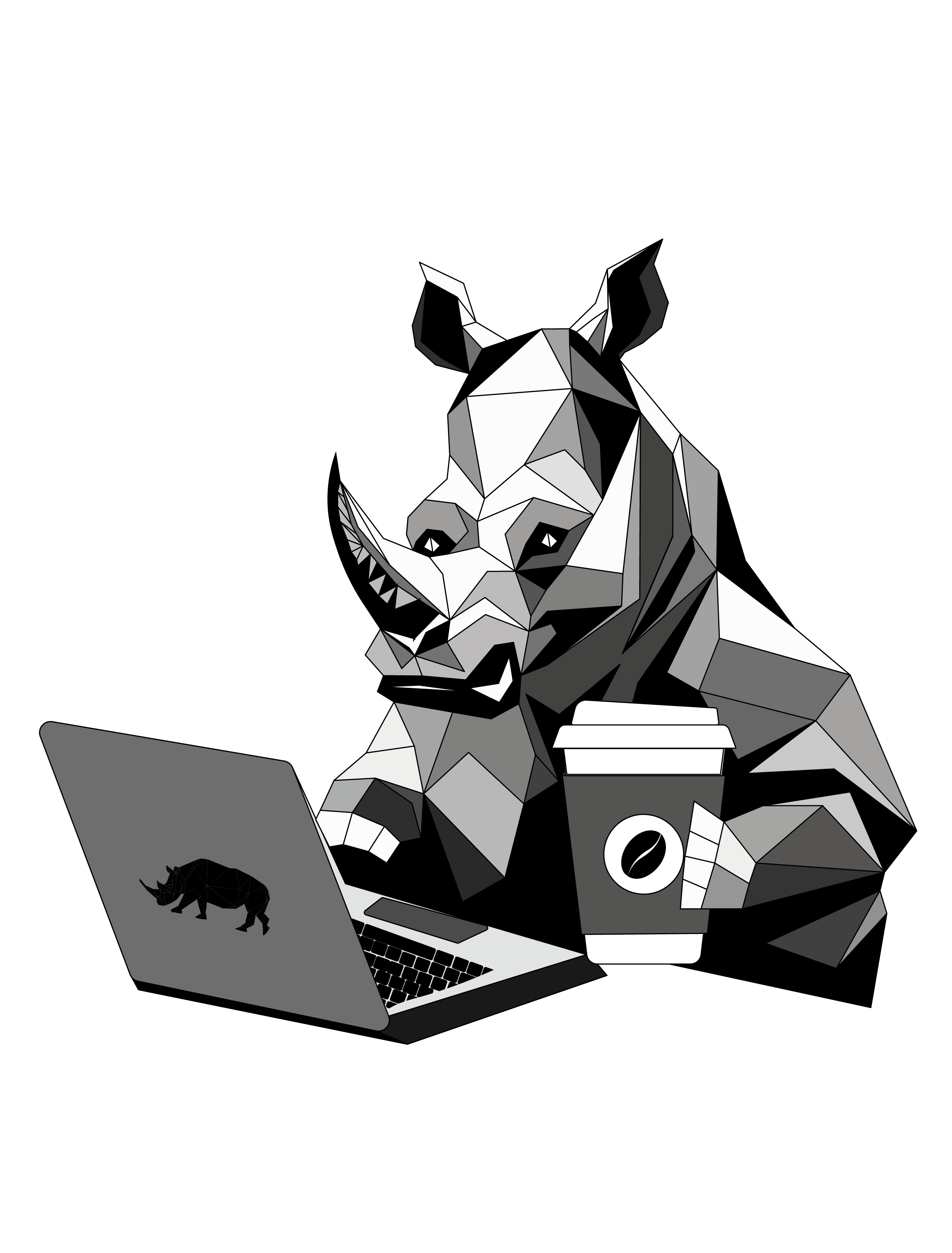 Rhino Ray Working with Laptop and Coffee black and white rhino coffee sticker freelancer rhino geometric animal geometric rhino laptop sticker low poly animal low poly rhino minimal rhino polygon animal polygon rhino productivity ray remote work rhino illustration rhino sticker rhino with laptop work sticker working rhino