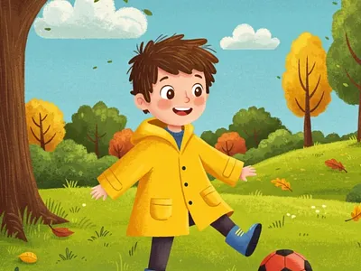 Rainy Day Play Children's Book Illustration & Character Designs autumn park boy character character design childrens book illustration childrens publishing cute illustration digital painting editorial illustration kidlitart kids illustration picture book procreate art soccer storybook art texture art visual storytelling whimsical art yellow raincoat