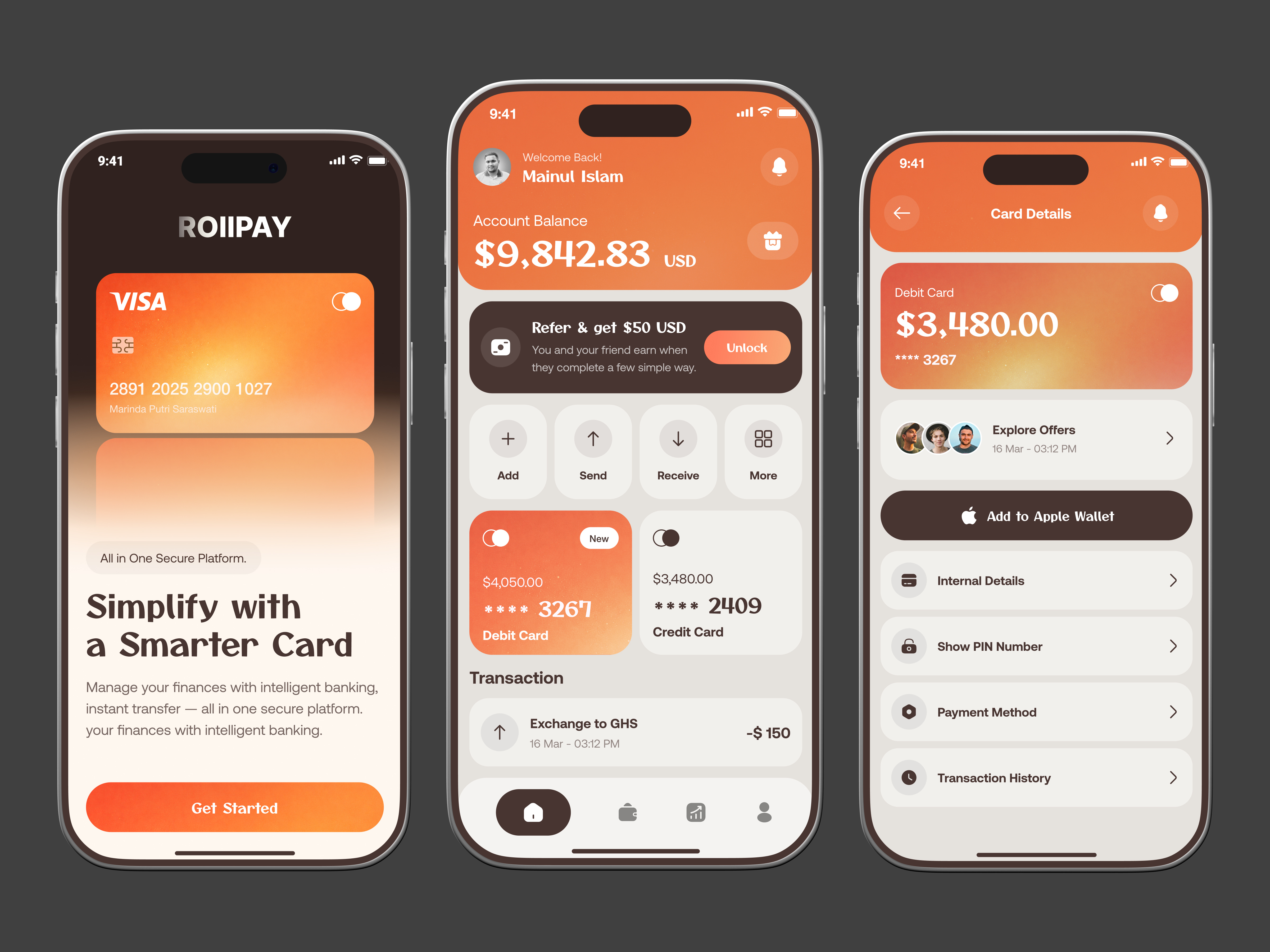 RoiiPay — Fintech Mobile App UI (Wallet, Card & Payments) bank app banking banking app crypto app crypto wallet digital banking finance finance app finance dashboard fintech mobile app mobile app design mobile banking money transfer payment ui ui design ux wallet wallet app