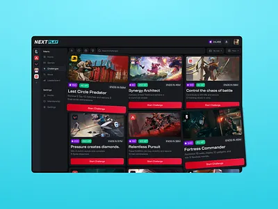 NEXTPLAY — Esports Challenges Dashboard UI/UX Web Design challenge grid challenge platform competitive gaming dark ui dashboard design esports esports design figma game interface gamification gaming platform gaming ui player progression product design rewards system ui design ux design valorant web design xp system