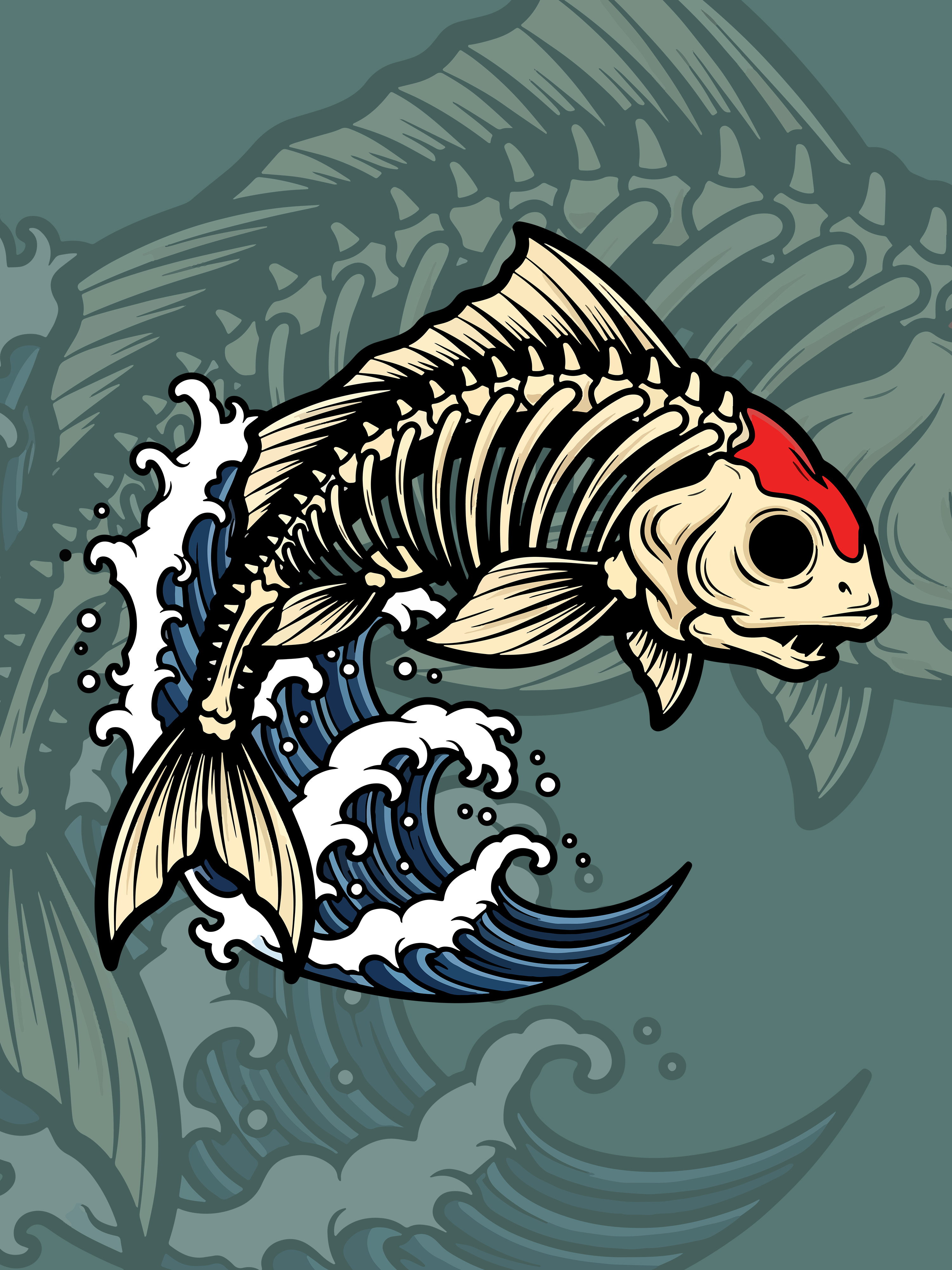 Skeleton Koi Fish Illustration – Japanese Tattoo Style Vector apparelgraphics boldlines branding characterdesign darkart graphicdesign illustration japaneseart japanesestyle koi koifish merchdesign opencomission streetwear tattoo tattoodesign tshirtdesign ukiyoe vector