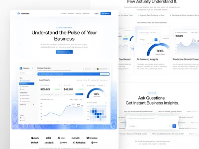 Pulseboard - AI Powered Analytics Landing Page ai ai agent ai agents ai agents website analytics artificial intelligence b2b clean design interface landing page minimalist modern saas saas website ui ux web web design website
