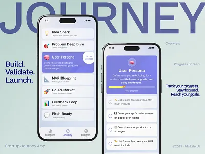 From Idea to Launch , Journey App UI appdesign appui b2bproduct dashboardui designsystem digitalproduct figmadesign interfacedesign minimalui mobileapp mobileui modernui productdesign productivityapp saasapp startupapp startupdesign uiuxdesign uxdesign workflowapp