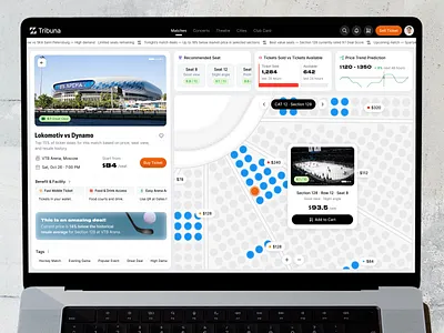 Tribuna ⎻ Event Ticket Marketplace ai powered b2c saas compact ui consumer marketplace dashboard deal scoring ecommerce event platform figma light ui live entertainment product design saas seat map ui sports app sports ticketing ticket marketplace ui design ux design web app