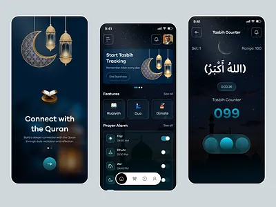 Modern Islamic Mobile App Design - Quran Community App UI ai app app design community app education app ios islamic islamic app knoledge learning app mobile mobile app prayer app quran quran app religious app salah tasbih counter ui design user interface