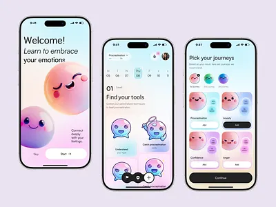 Mental & Emotional Health App UI app design emotional wellness gradient ui illustration ui ios app design meditation app mental health app mindfulness app mobile app mobile app design mobile ui modern ui onboarding screen self care app wellbeing app