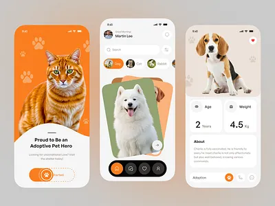 Pet Adoption App — Find Your Perfect Companion adoption animals app design cat clean ui design dog figma health pet minimal ui mobile app modern ui pet app pet foot petcare ui ui design ux ux design
