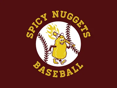 Spicy Nuggets Baseball 50s baseball bat chicken nuggets flames gold nuggets hoodie illustration illustrator kids sports little league logo mascot photoshop procreate retro sports sweatshirt t ball