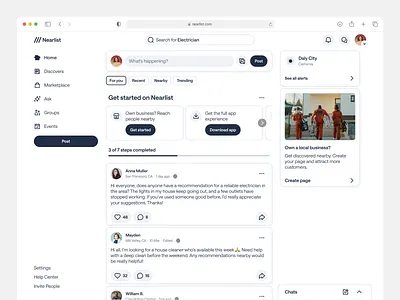 Nearlist - Social Network Web button card chats dashboard icon interaction lightmode navigation network progressbar searchbar sidebar slider social socialmedia tab ui ux webapp website