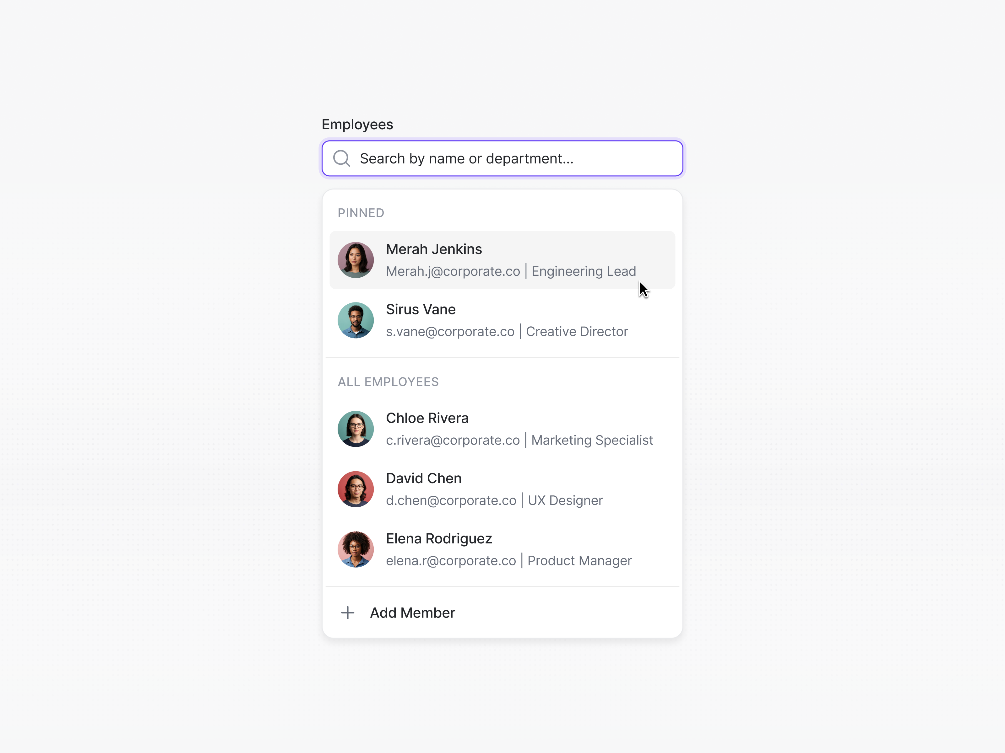 Search & Select team Directory - Built using Radianos