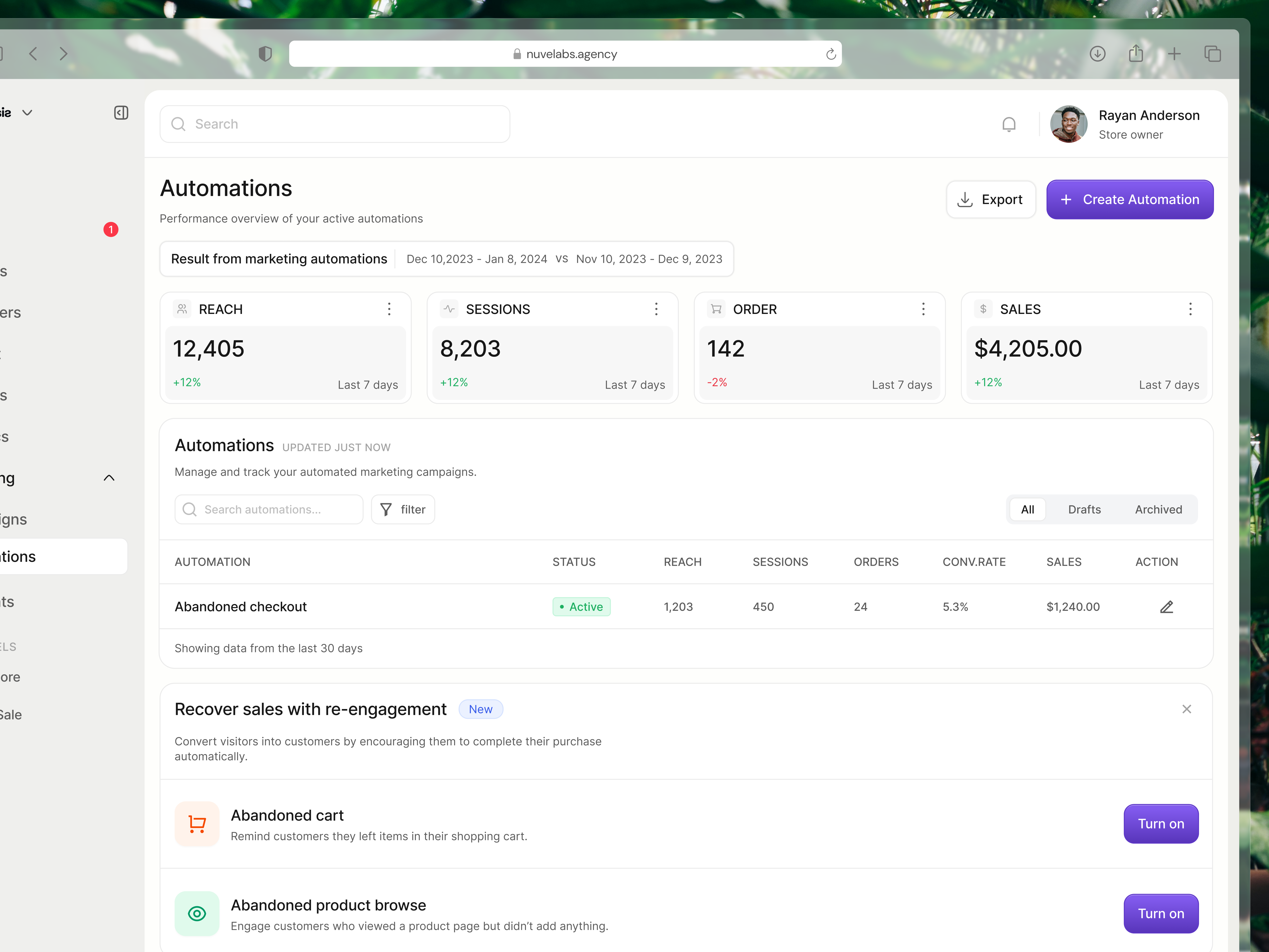Biosynthesis - Ecommerce Automation UI Design abandoned cart analytics dashboard automation dashboard campaign management conversion tracking dashboard design dashboard ui ecommerce dashboard ecommerce saas ecommerce ui marketing automation marketing dashboard product design revenue analytics saas dashboard sales dashboard shopify dashboard store management ui ux design web app design