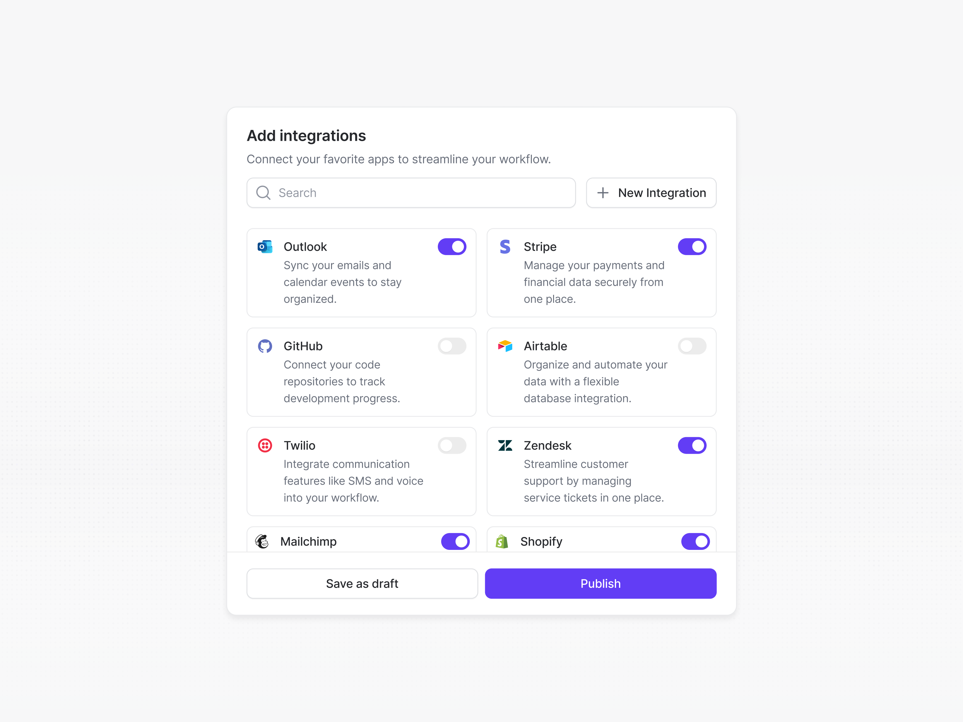 Integrations Management Dialog - Built using Radian