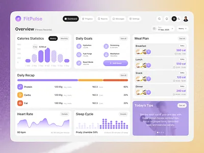 Fitness Tracker Dashboard admin panel analysis dashboard data visualization fitness app health health website landing page minimalist saas statistics tracker ui ux ux design web app web design website widget workout tracker