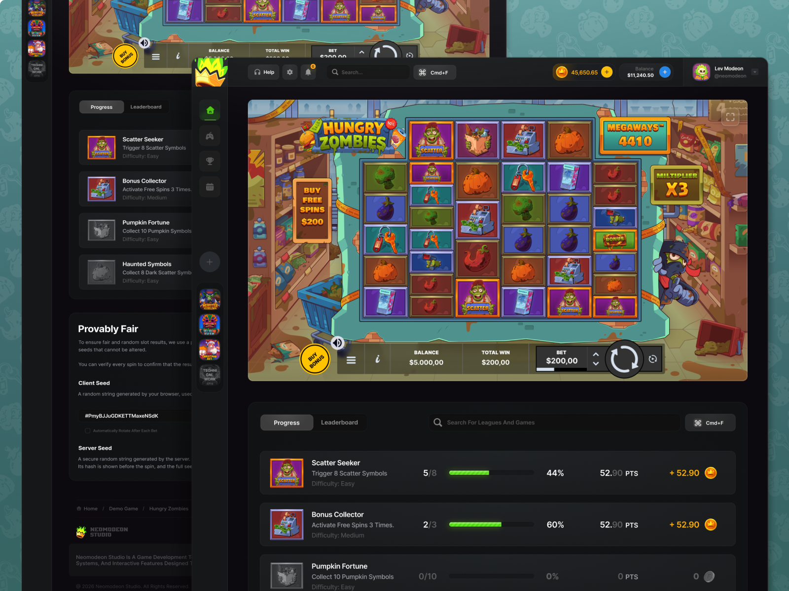 Full Slot Game Experience for iGaming | Hungry Zombies achievement casino casino game dark ui dashboard ui game ui gamification igaming interface design platform product design progress reward system saas ui slot slot game ui design user interface ux design web app