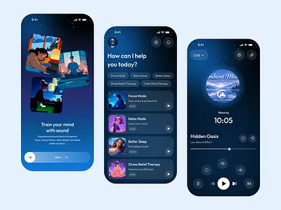 Brain Waves – Binaural Beats App Design Concept ambient sound app app design app redesign brain waves brain waves mobile app deep focus design focus ui meditation app music player ui productivity app relaxation app sleep meditation app sound therapy stress relief app ui ux design