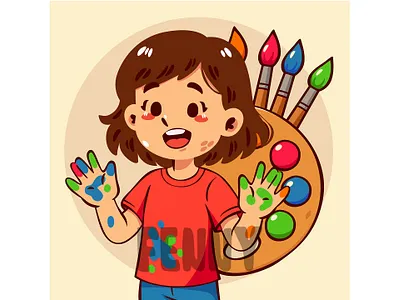 Cheerful Girl Raising Painted Hands art artist artistic artwork background cartoon celebration colorful creative day drawing event graphic design paint painter painting paper pencil sketch skill