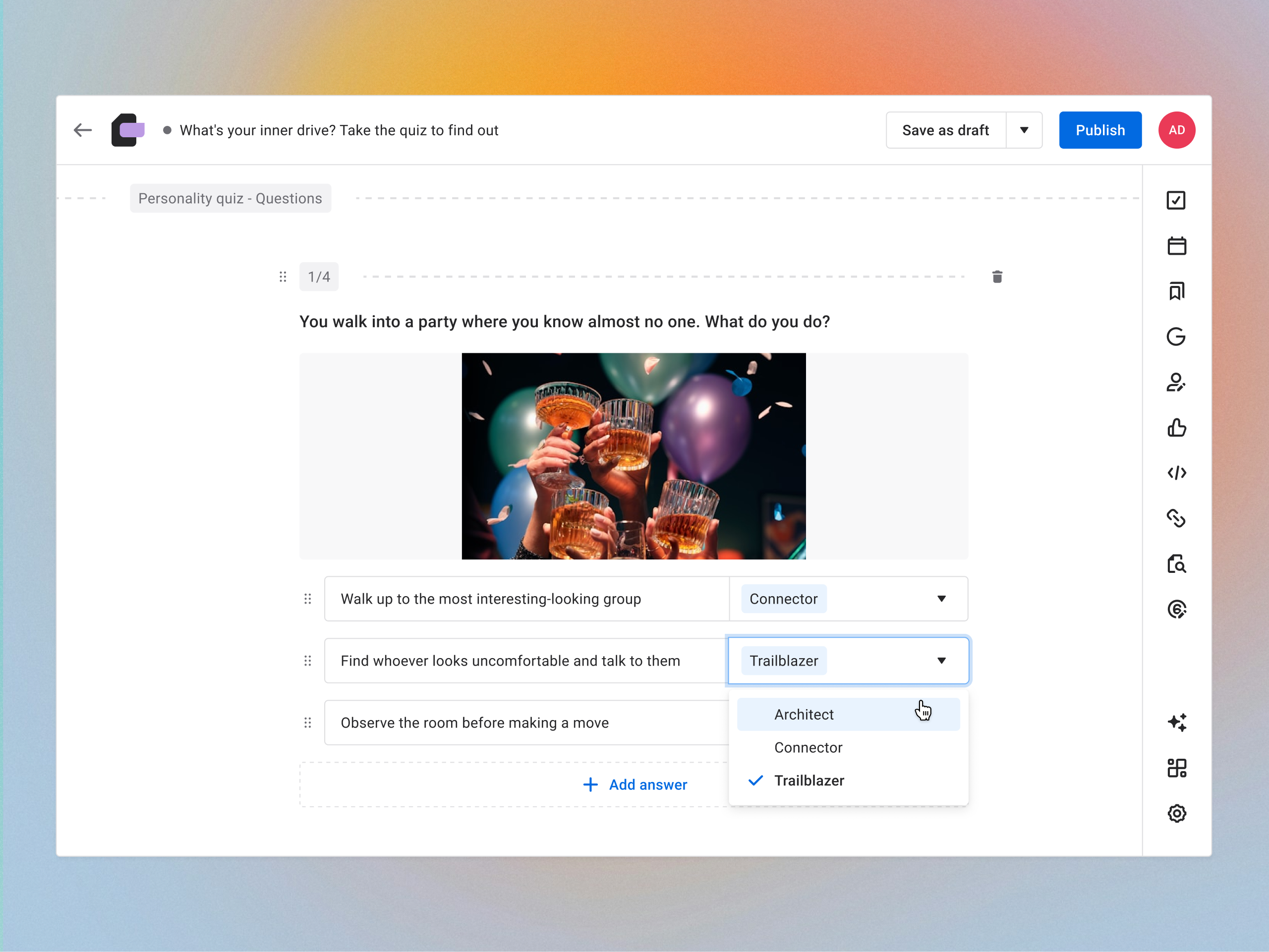 Personality Quiz Template — CMS Design answer app application article cms dropdown editor minimal new item field personalities personality quiz publish question questions template quiz tag tags template ui ux