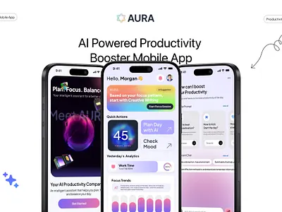 AURA — AI Productivity Assistant ai app ai assistant analytics ui app design chat ui chatbot dashboard ui focus mode generative ai glass morphism habit tracker ios design machine learning mobile app product design productivity app task management ui ui ux wellness app