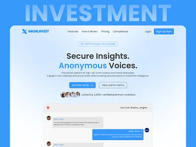 Secure Anonymous Investment Landing page UI/UX Design app design branding dashboard design finance fintech fintech ui investment product landing page landing page design product design redesign saas ui ui design ui redesign uiux design ux ux research web design website