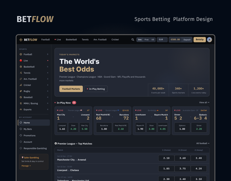 BetFlow - Sports Betting Platform UI/UX Design betting betting app betting design football football app igaming igaming app igaming design odds sports sports app sports app design tennis app ui design ux design