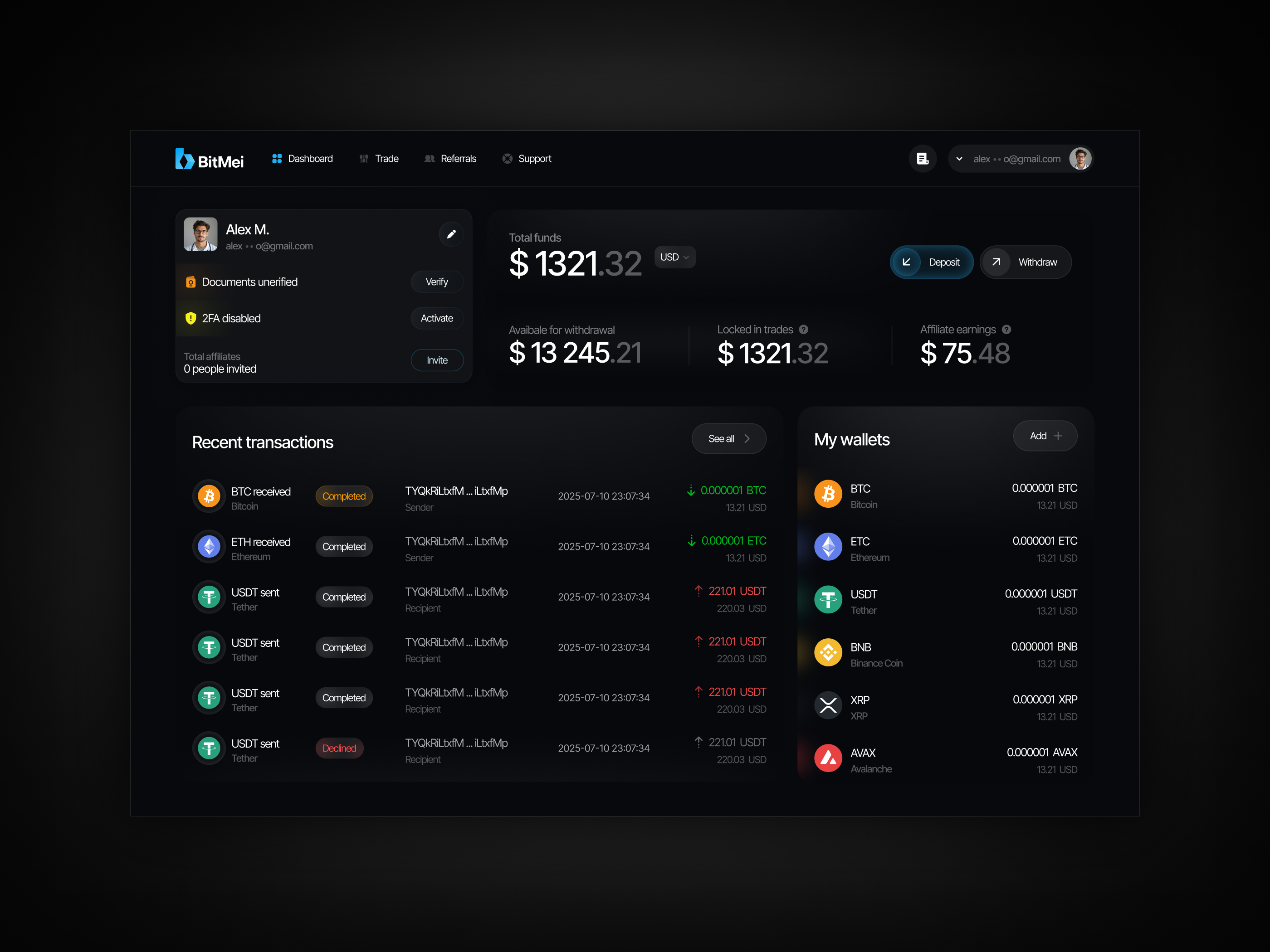 Crypto Dashboard — Fintech UI with Real-Time Transactions