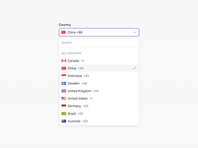 Country Selector Dropdown - Built using Radian os clean ui country codes country flags country list country selector dropdown ui filtered search form design global ui hover interaction input field minimal design modern ui pop over menu saas ui scrollable list search filter select menu selection state web form
