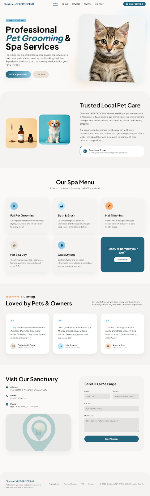 Premium Pet Grooming Website Design branding cleanui designinspiration figma homepage landingpage minimaldesign moderndesign petcare petgrooming petspa saasdesign servicedesign uidesign uiux userexperience userinterface uxdesign webdesign websiteui