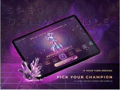 Prismatic Champion: Living UI System character selection component library design systems digital design figma game art game development game ui graphic design interaction design mobile games modular ui product design prototyping systems design ui architecture user experience user interface ux design visual design