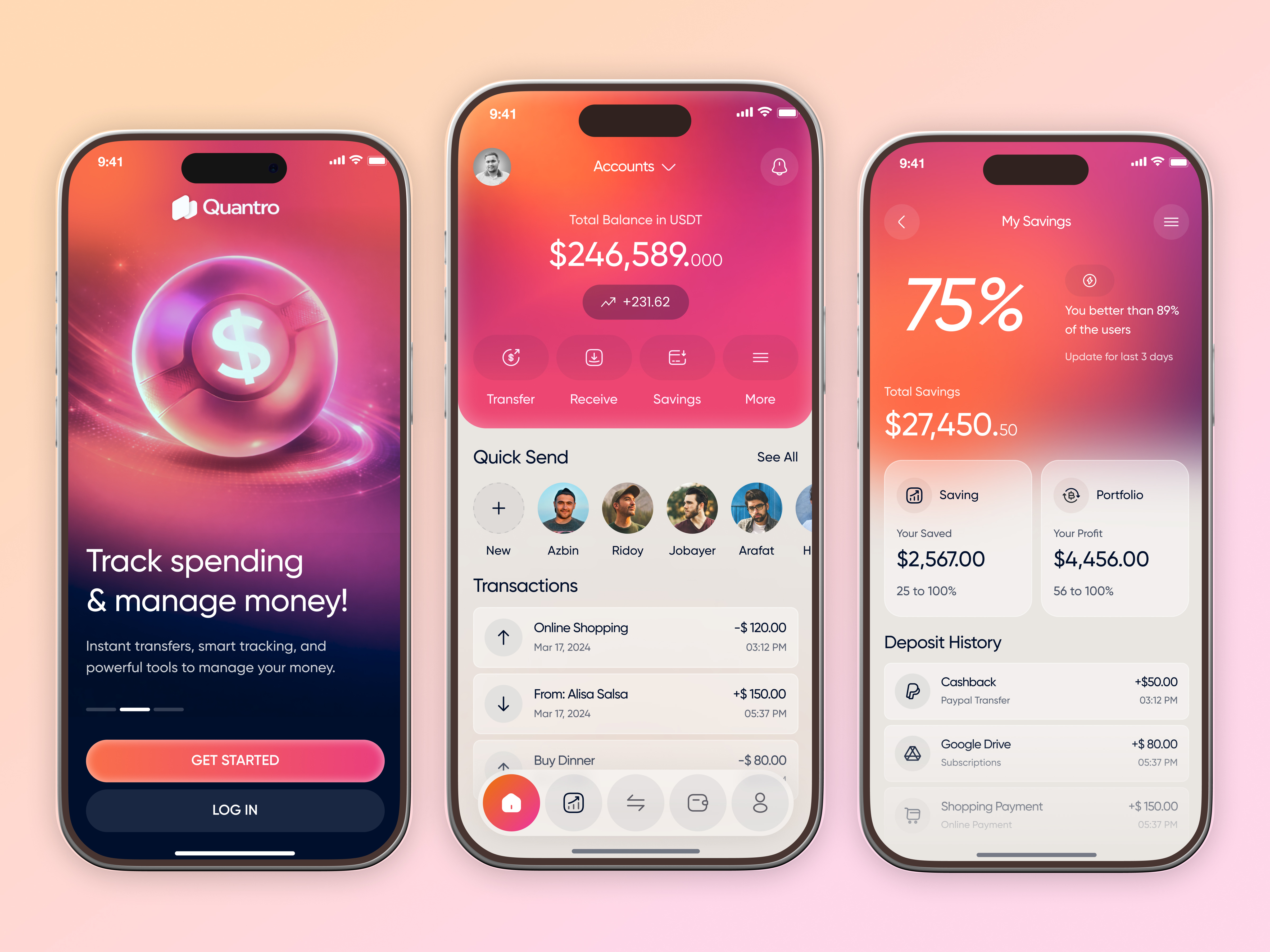 Quantro Finance App — Wallet & Savings UI app design banking app crypto app crypto wallet dashboard finance finance app fintech gradient ui ios app mobile app mobile app design modern ui money management savings ui ui design ux ux design wallet app