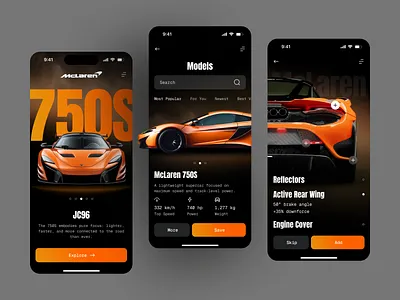 Supercar Mobile App – Automotive UI Design 3d 3d modelling app ui automotive app automotive design car app car showcase concept design dark ui dashboard ui ios app luxury car mobile app design modern interface performance cars product design supercar ui ui design ux design