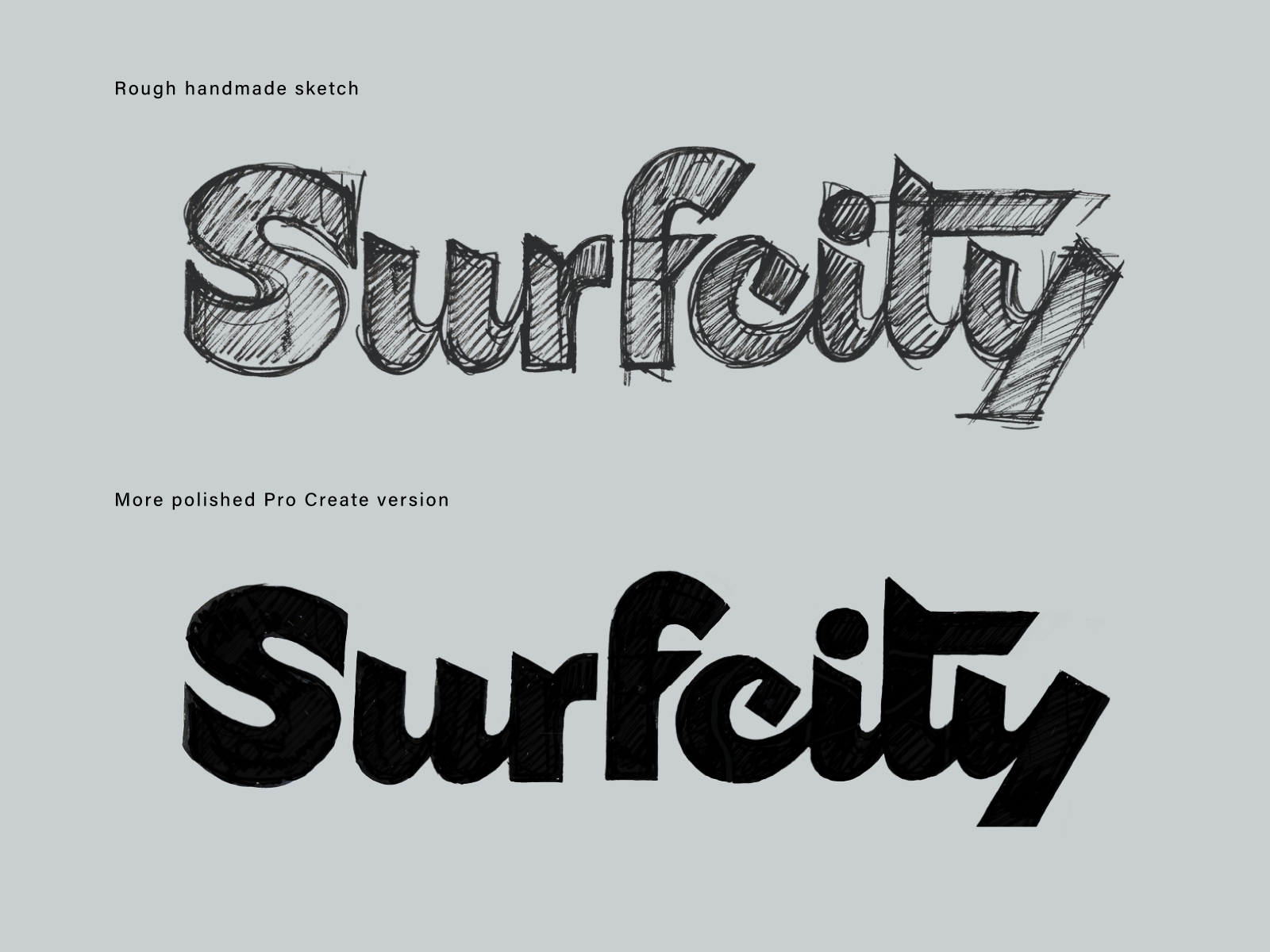 Surfcity: lettering process authentic bold branding calligraphy concept custom flow handlettering idea lettering logo process procreate script sketch strong surf town type wordmark