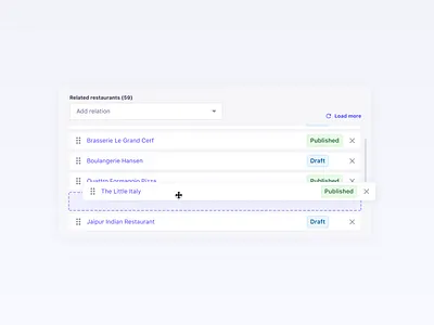 Strapi - Reordering relations cms content draft drag drop form headless cms input layout load load more product relations reorder reordering scroll select stack strapi table