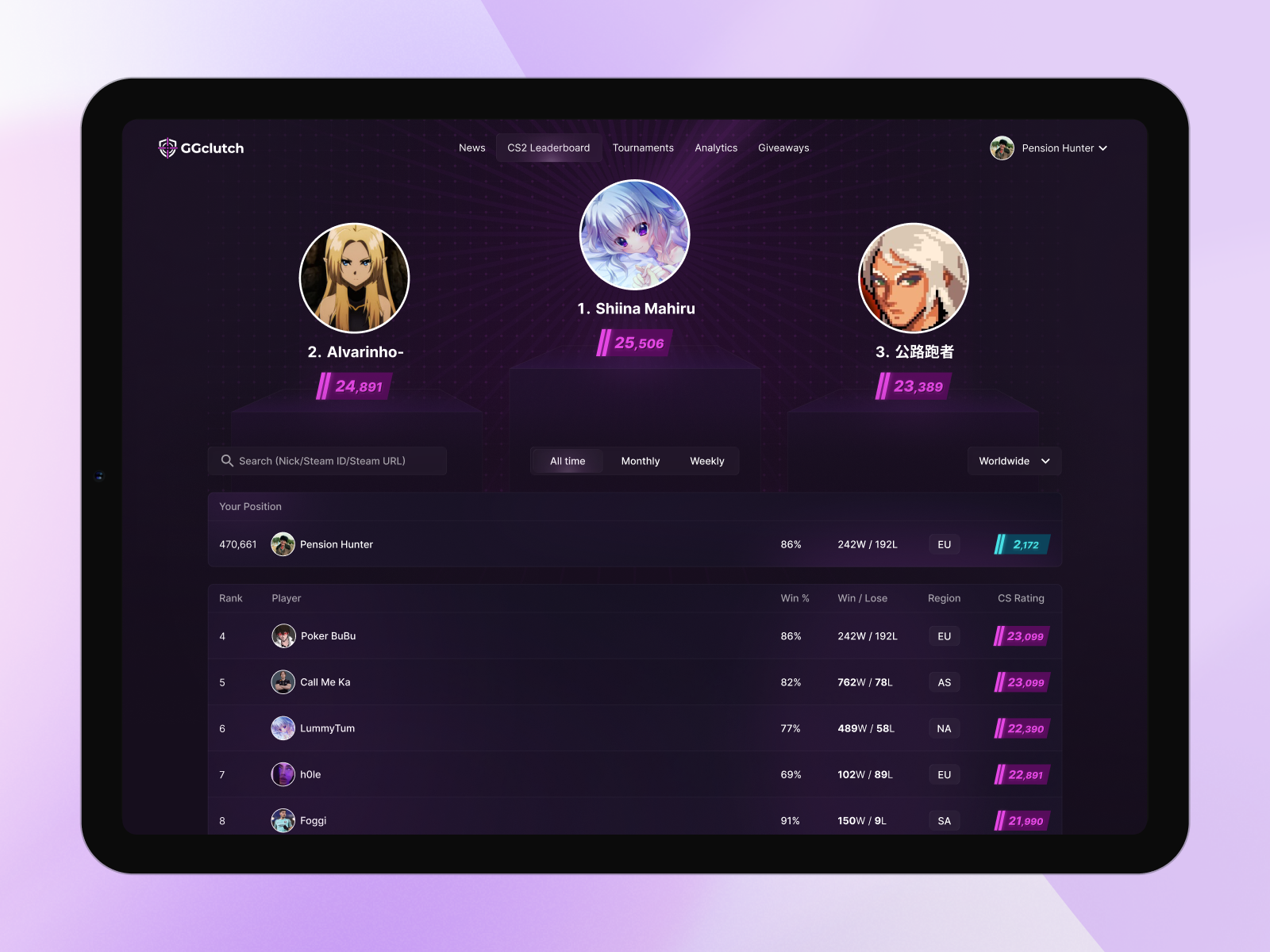 CS2 Leaderboard anime board counter strike cs2 desktop game ui gamigication leaderboard table