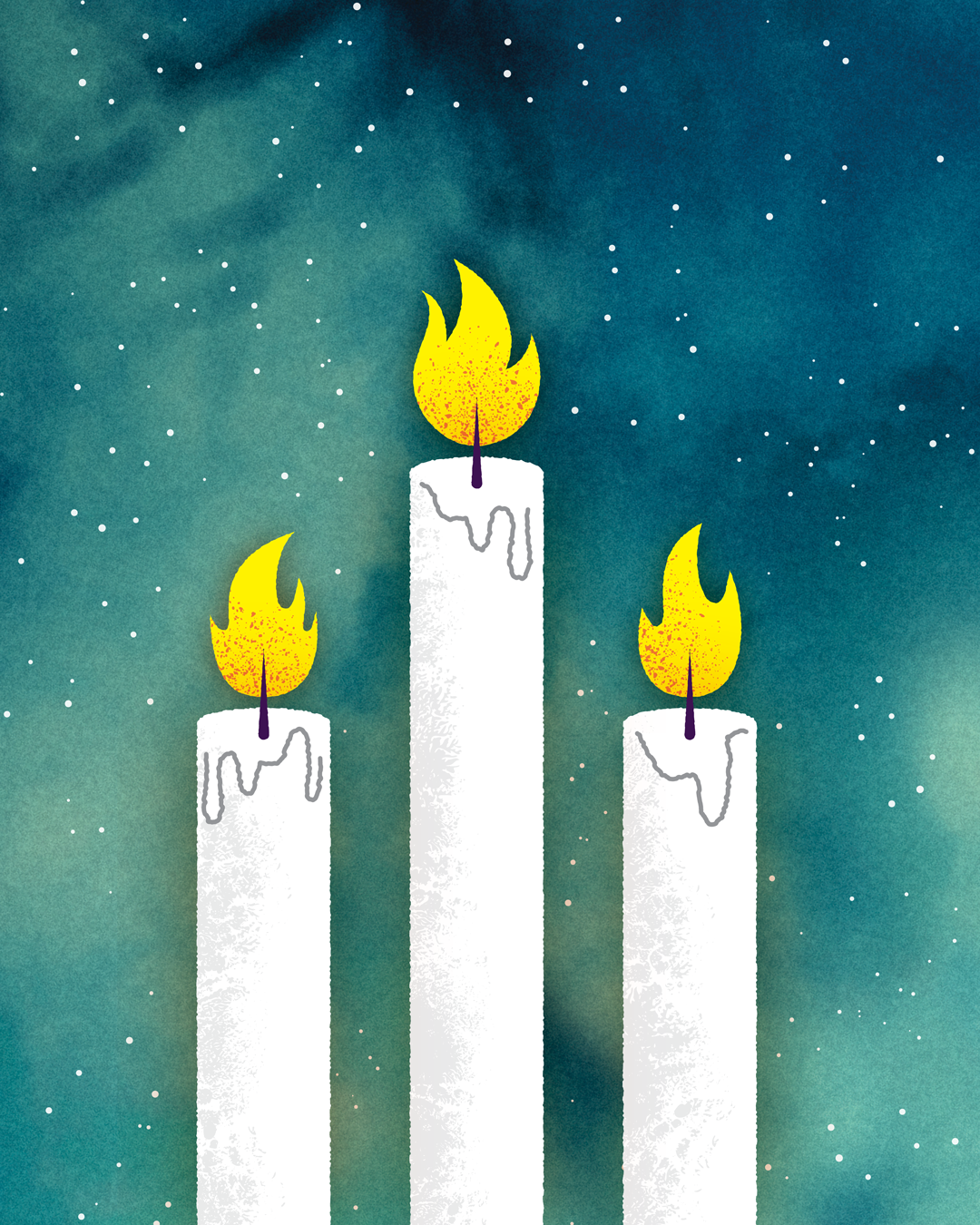 Three Candles candles darkness flames illustration light magical mysterious mystery night night sky spooky starry stars textures vector witchy