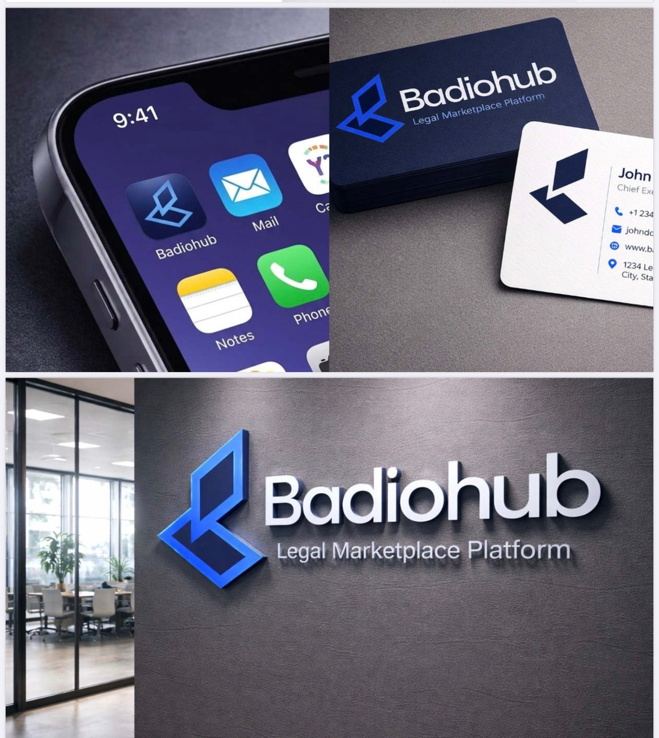 BadioHub Brand Identity Design | Legal Marketplace Branding, brand identity branding strategy clean design creative agency design system digital platform graphic design interface design logo design minimal branding mobile app design modern logo product design saas branding startup branding tech branding ui ux design user experience visual identity web design